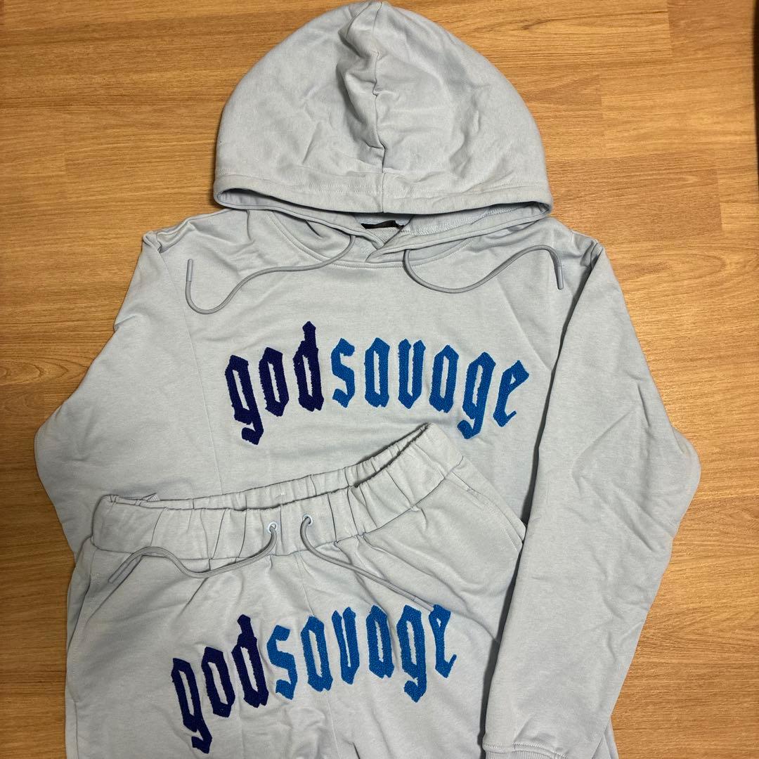 godsavage フード付きパーカーとパンツセットLサイズ スカイブルー