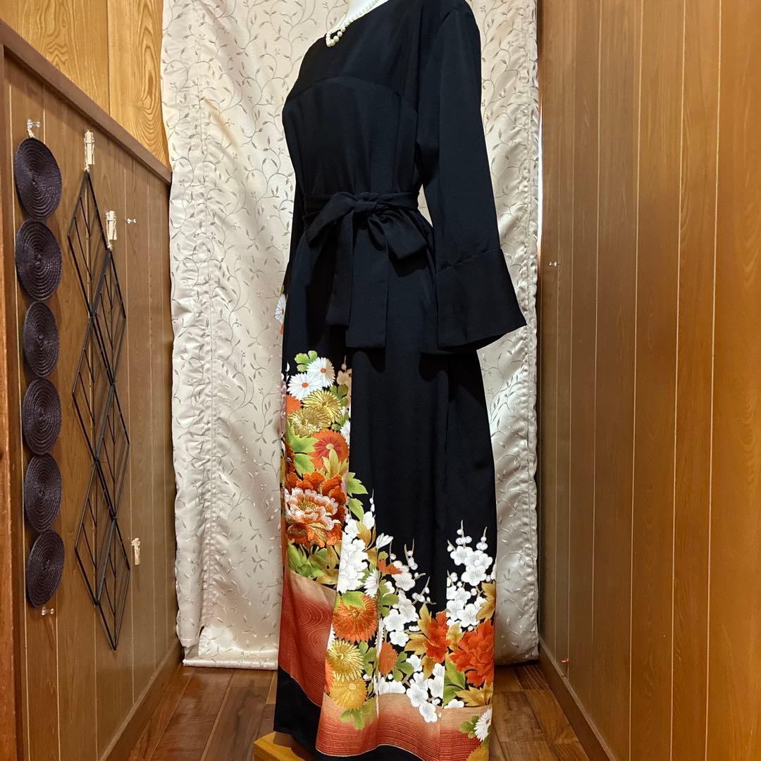 NO 122 着物リメイクワンピース 黒留袖リメイクワンピース - メルカリ