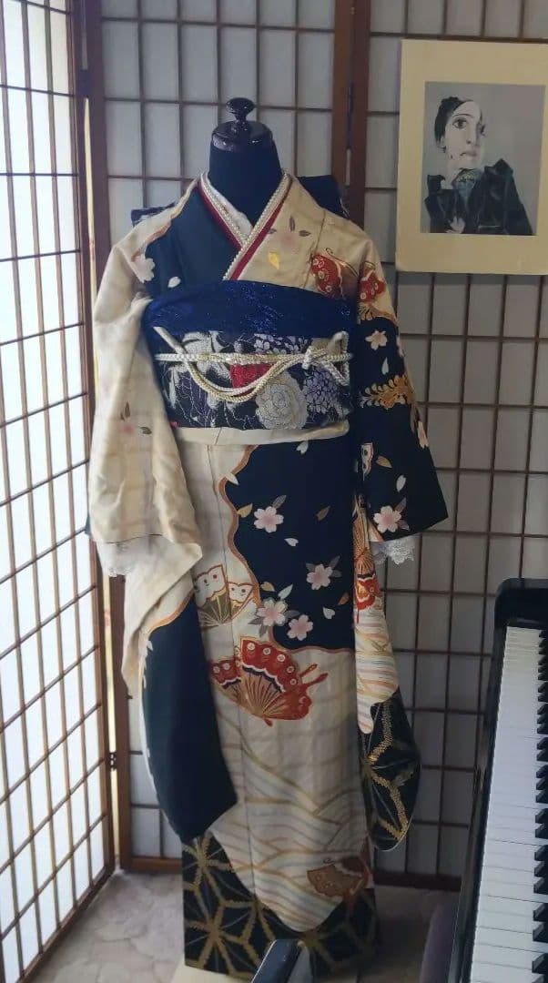 405白地レトロモダン 舞蝶桜 正絹振袖7点フルセット成人式卒式謝恩会