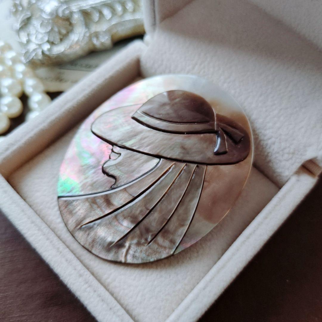 黒蝶貝 貝細工 彫刻 シェル カメオ ブローチ ペンダント 貴婦人 女性