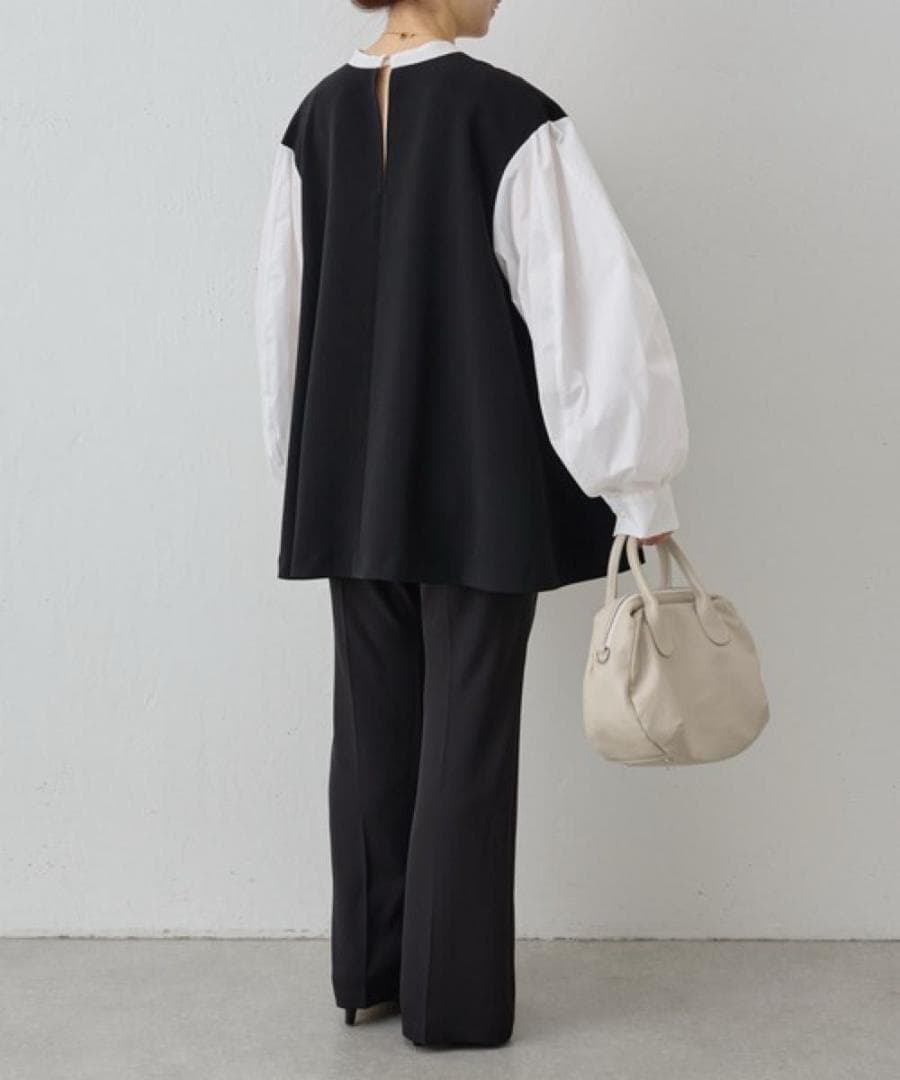 ビアズリー レイヤード風ボリューム袖ブラウス ブラック 洗える 長袖