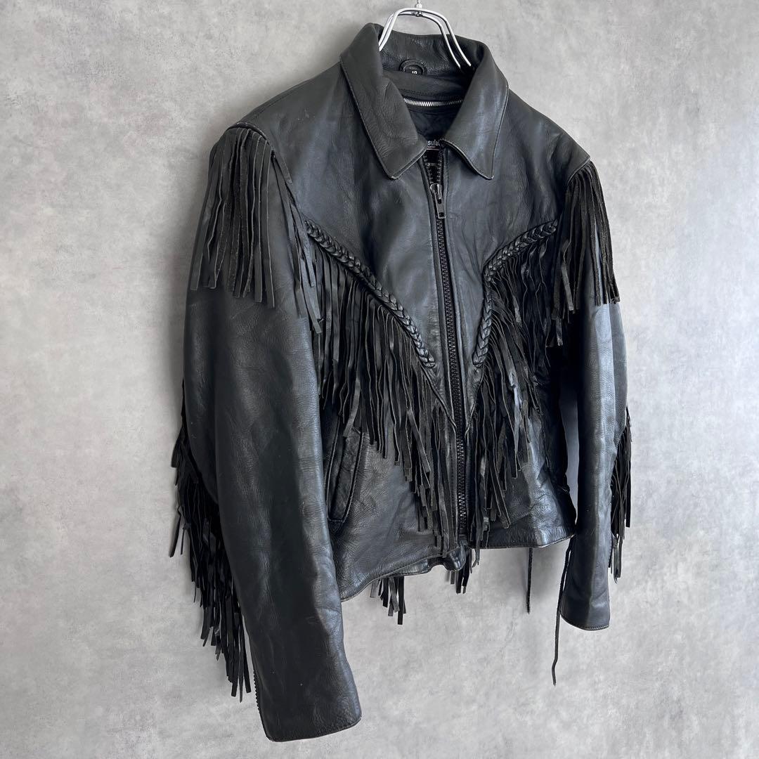 古着 本革フリンジライダースジャケット ヴィンテージ レザー ブラック