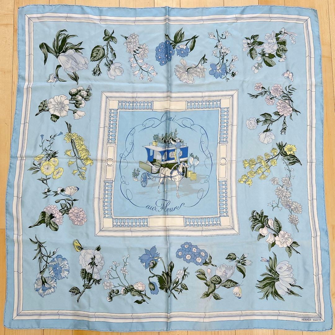HERMES カレ90 Quai aux Fleurs 花咲く海岸通り HERMES - 美品 エルメス HERMES スカーフ カレ90 Quai aux fleurs 花