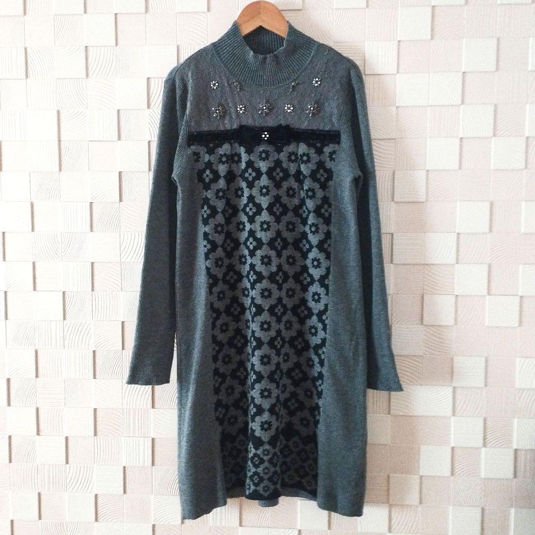 Super Beauty】スーパービューティ 花柄 ビジュー ニットワンピース