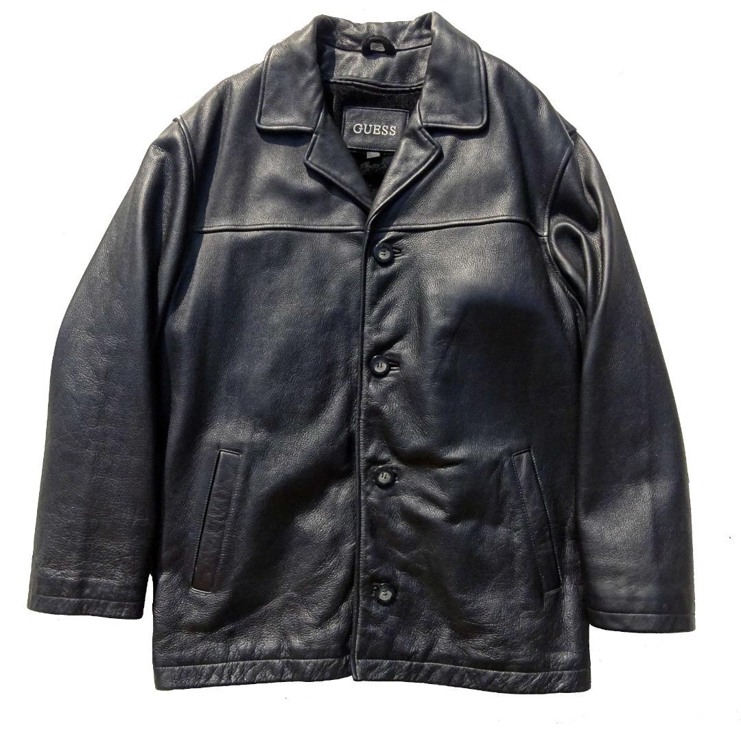 美品 ゲス Guess シボ 本革レザーレザーカーコート ライナー付き