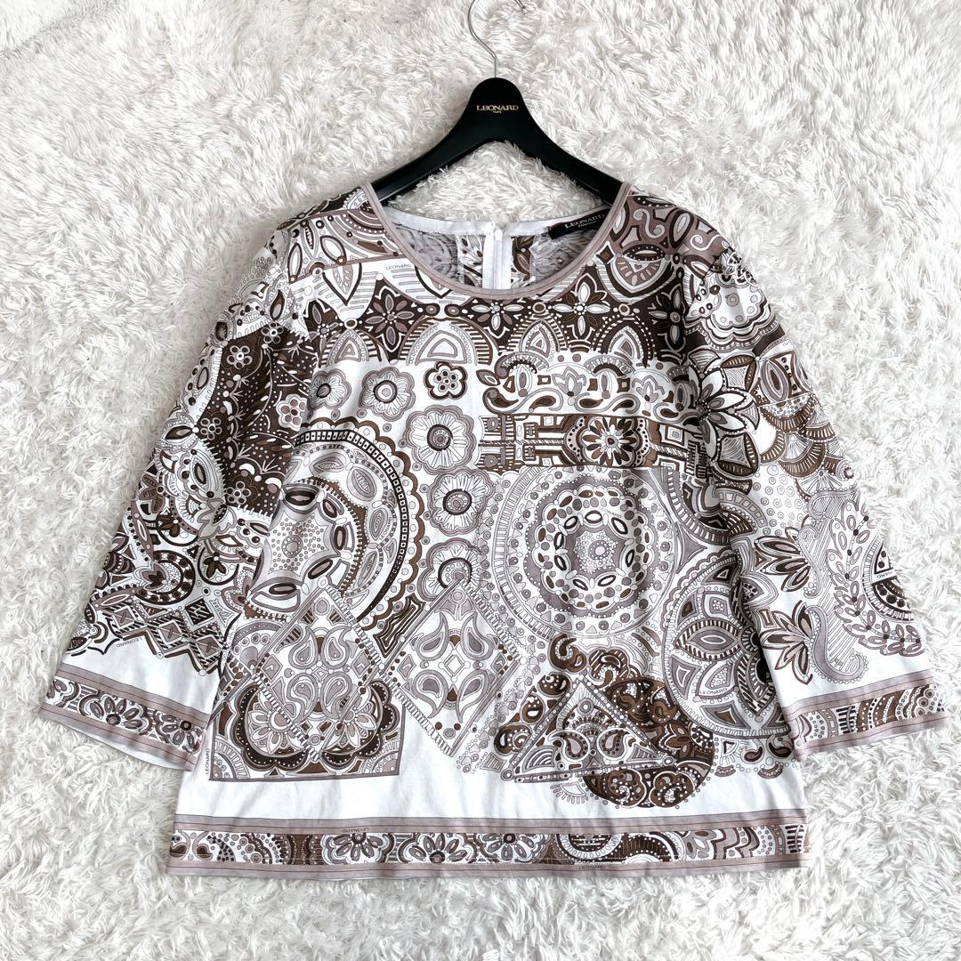 美品 レオナール カットソー トップス トリム 花 ペイズリー ブラウン