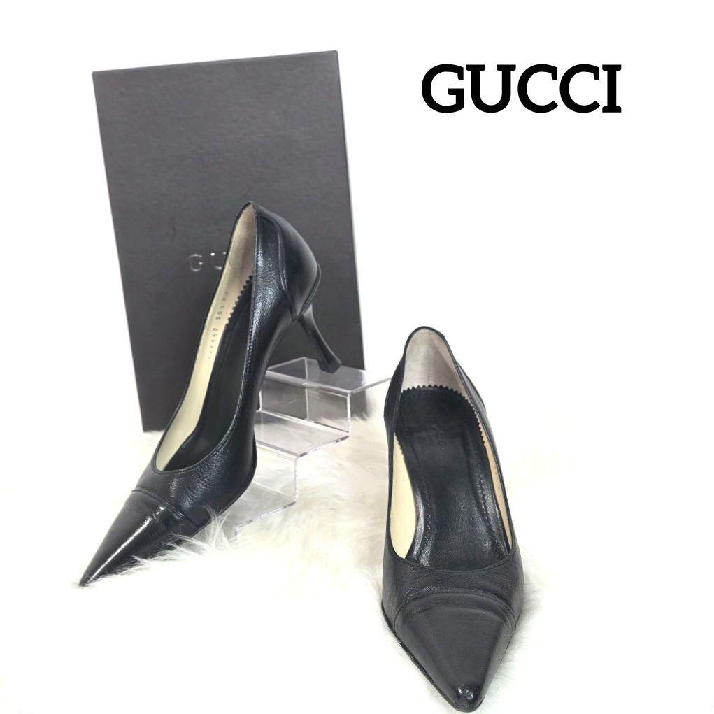 GUCCI グッチ ブラック レザー ポインテッド ヒール パンプス 35