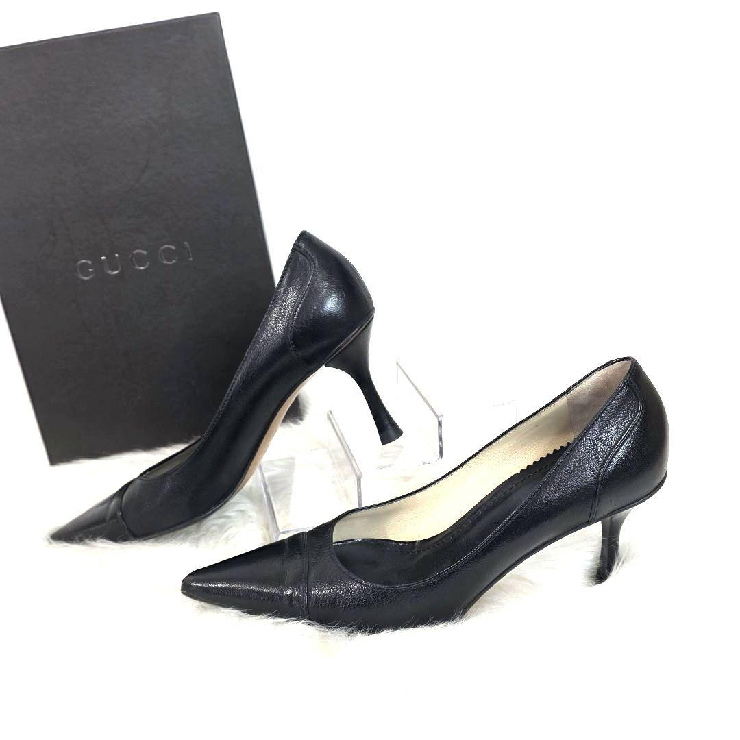GUCCI グッチ ブラック レザー ポインテッド ヒール パンプス 35