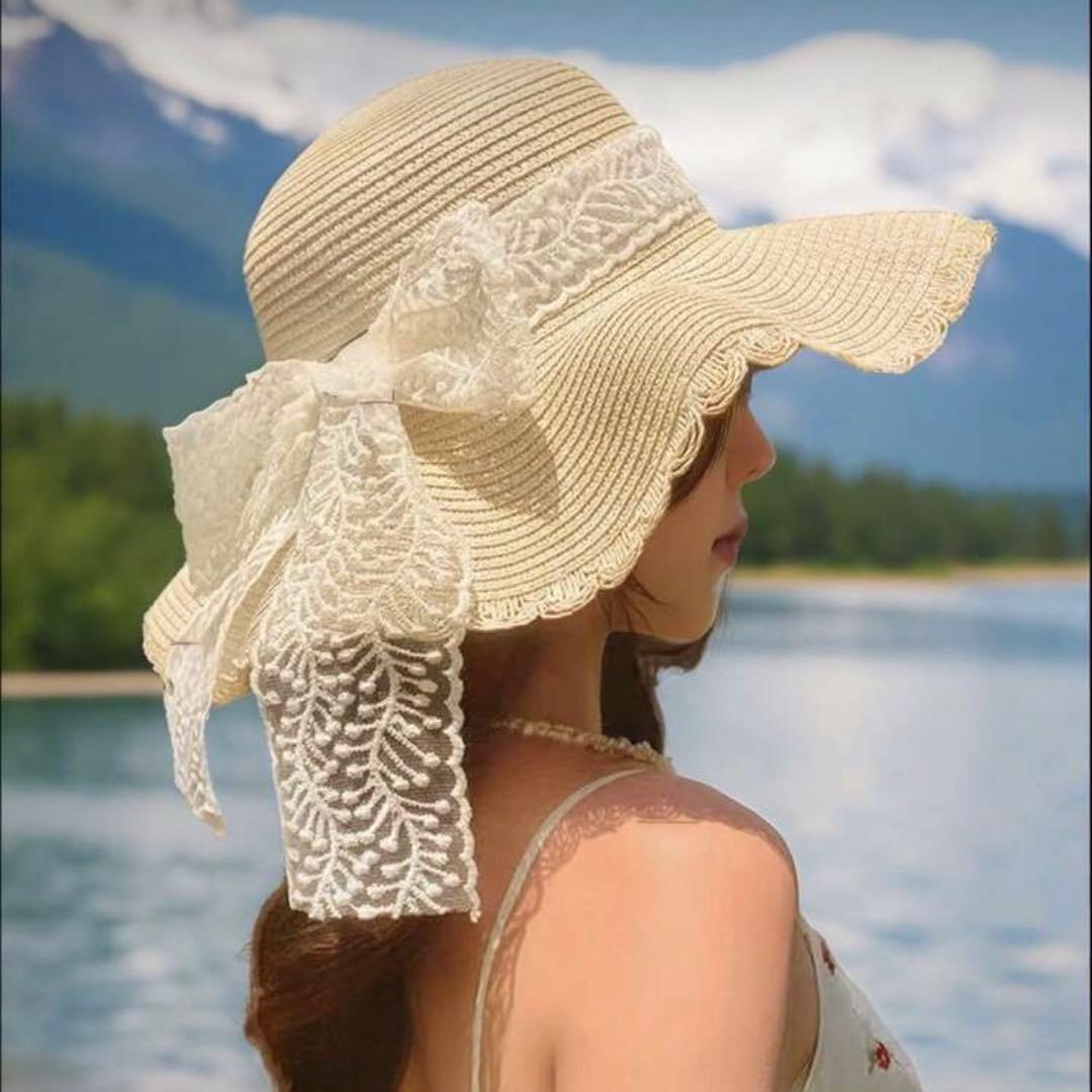 リボン付き 麦わら帽子 ベージュ レディース 夏帽子 - メルカリ