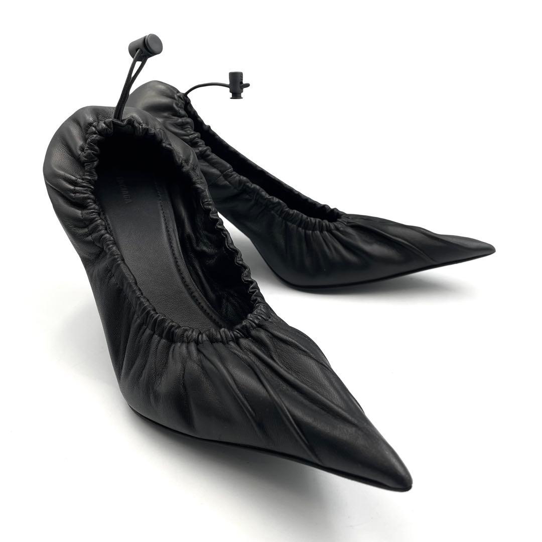 《未使用級》バレンシアガ ギャザーパンプス ドローコード 本革 レザー 黒 38