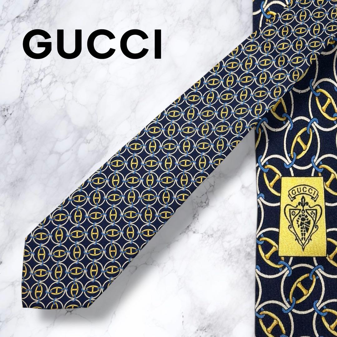 新品】GUCCI グッチ ネクタイ チェーン柄 ネイビー×ゴールド 高級