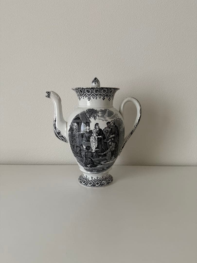 アンティーク　カフェティエール　ファイアンスフィーヌ　クリームウエア　グリザイユ Creil クレイユ ファイアンスフィーヌ グリザイユ カフェティエール