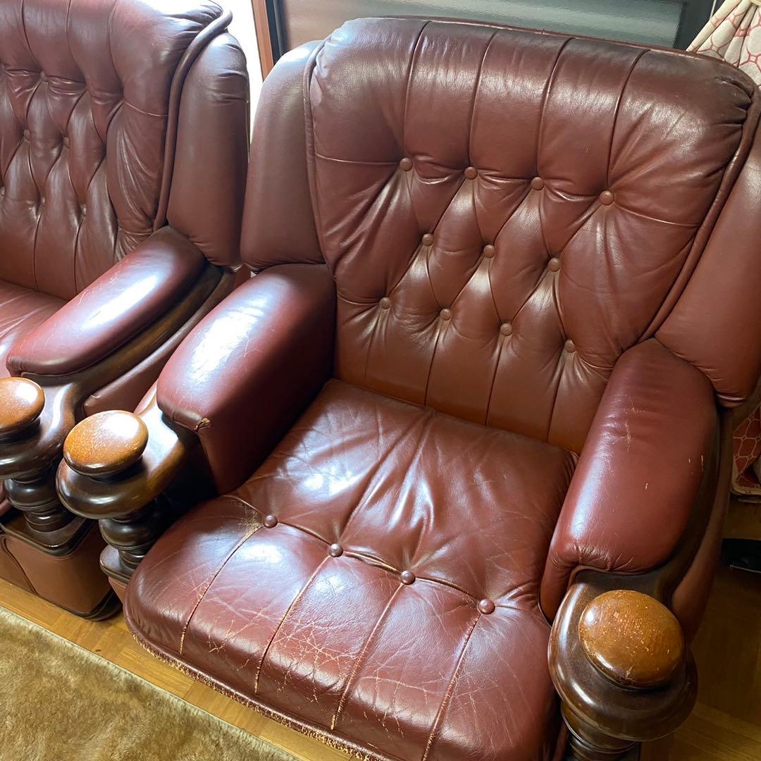 【現地直接引取】3人掛けレザーソファ｜1人掛けソファ×2脚 アンティーク調