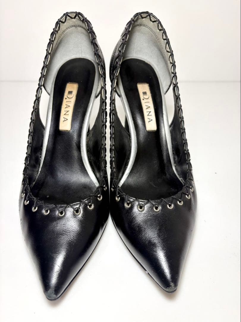 DIANAポインテッドトゥパンプス ブラック レースアップデザイン23.5cm