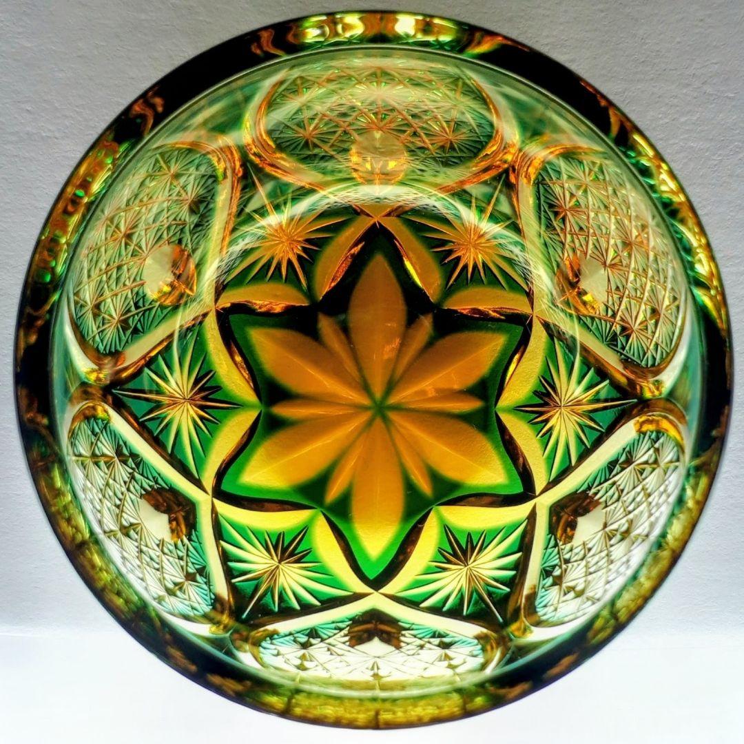 江戸切子 ෆ 根本達也 作品 ෆ 琥珀／緑 ぐい呑 【 未使用 美品