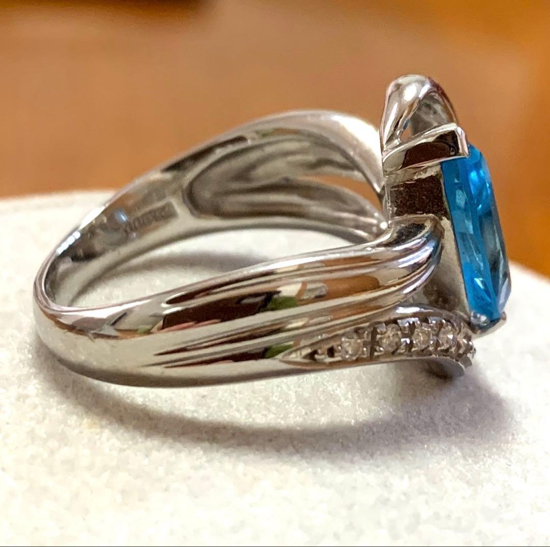 【鑑別書付】Pt900 大粒ブルートパーズ 2.81ct ダイヤモンド脇石リング