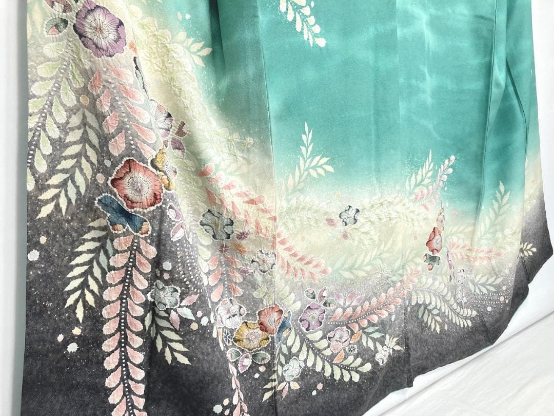 翠山工房 辻が花 絞り 銀通し 訪問着 袷 青緑 ターコイズグリーン 1394