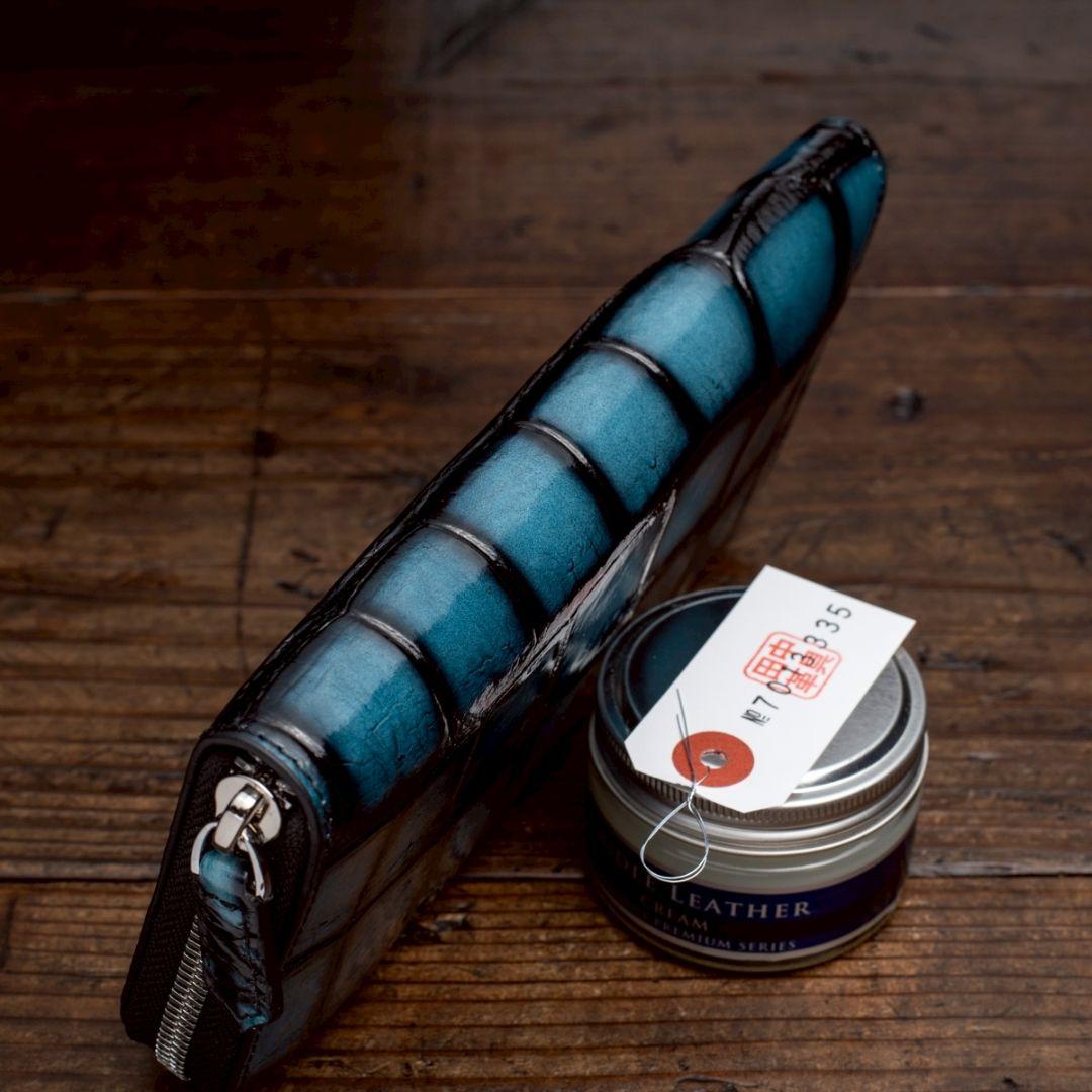 実物撮影 一枚革 クロコダイル ブルー メンズ 長財布 ラウンド