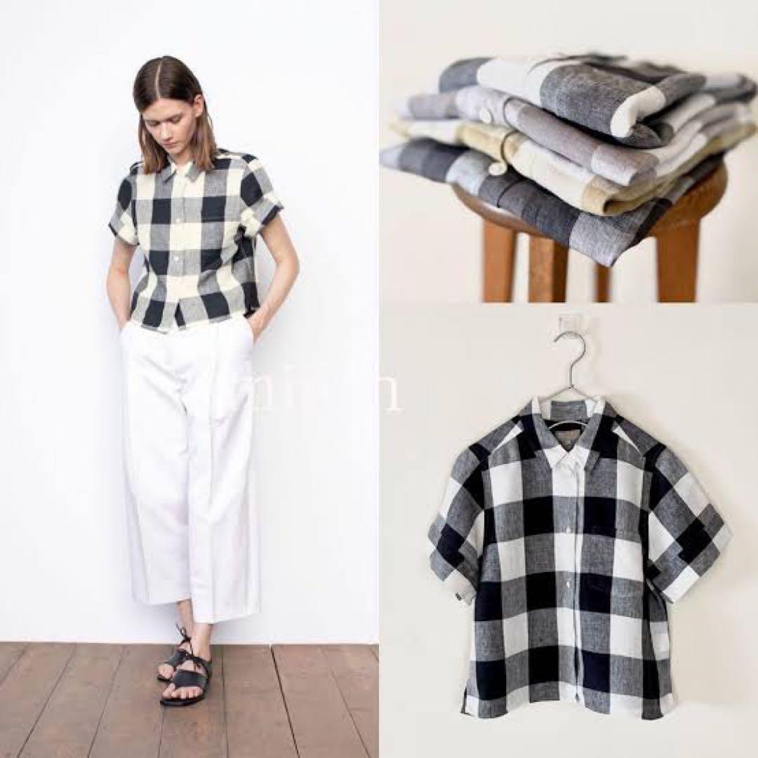 マーガレットハウエル 半袖 リネンシャツ Iサイズ 麻100% チェック柄　白黒 MARGARET HOWELL（マーガレットハウエル） コットンギンガムチェック