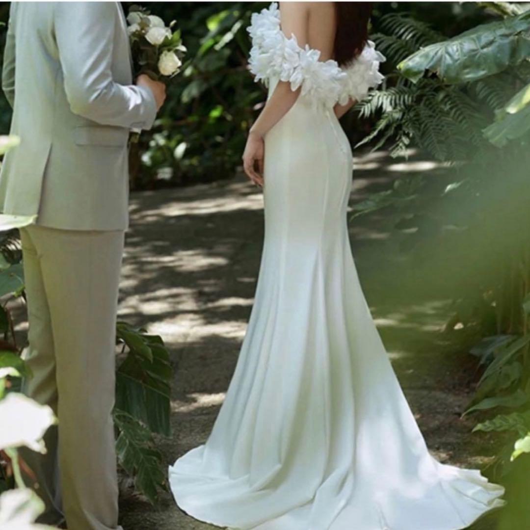 オフショルダー ドレス 前撮り ウェディング 二次会 ウエディングドレス 購入 シンプル 花嫁 白 オフショルダー 結婚式