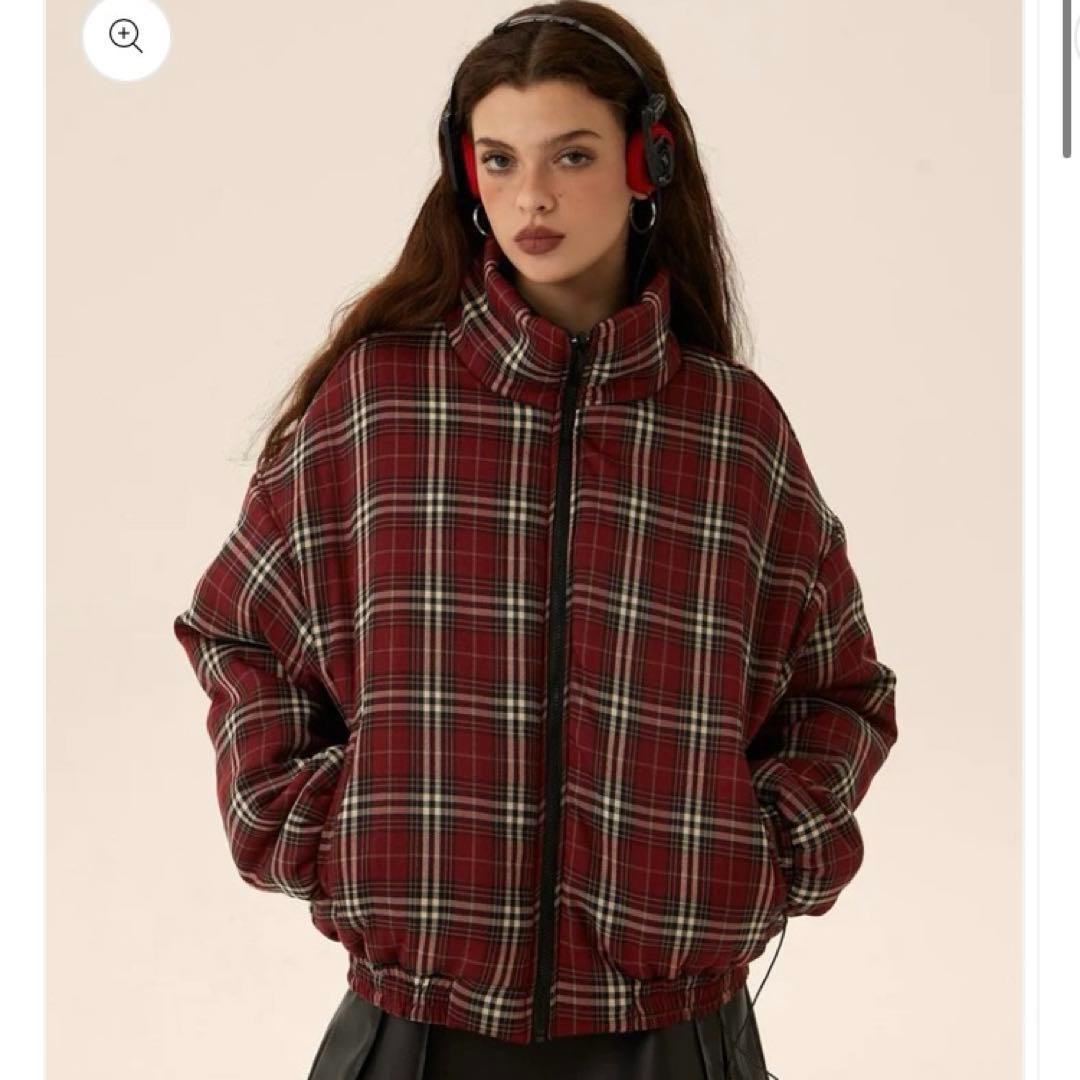 リバーシブルダウンジャケット 赤黒チェック - メルカリ