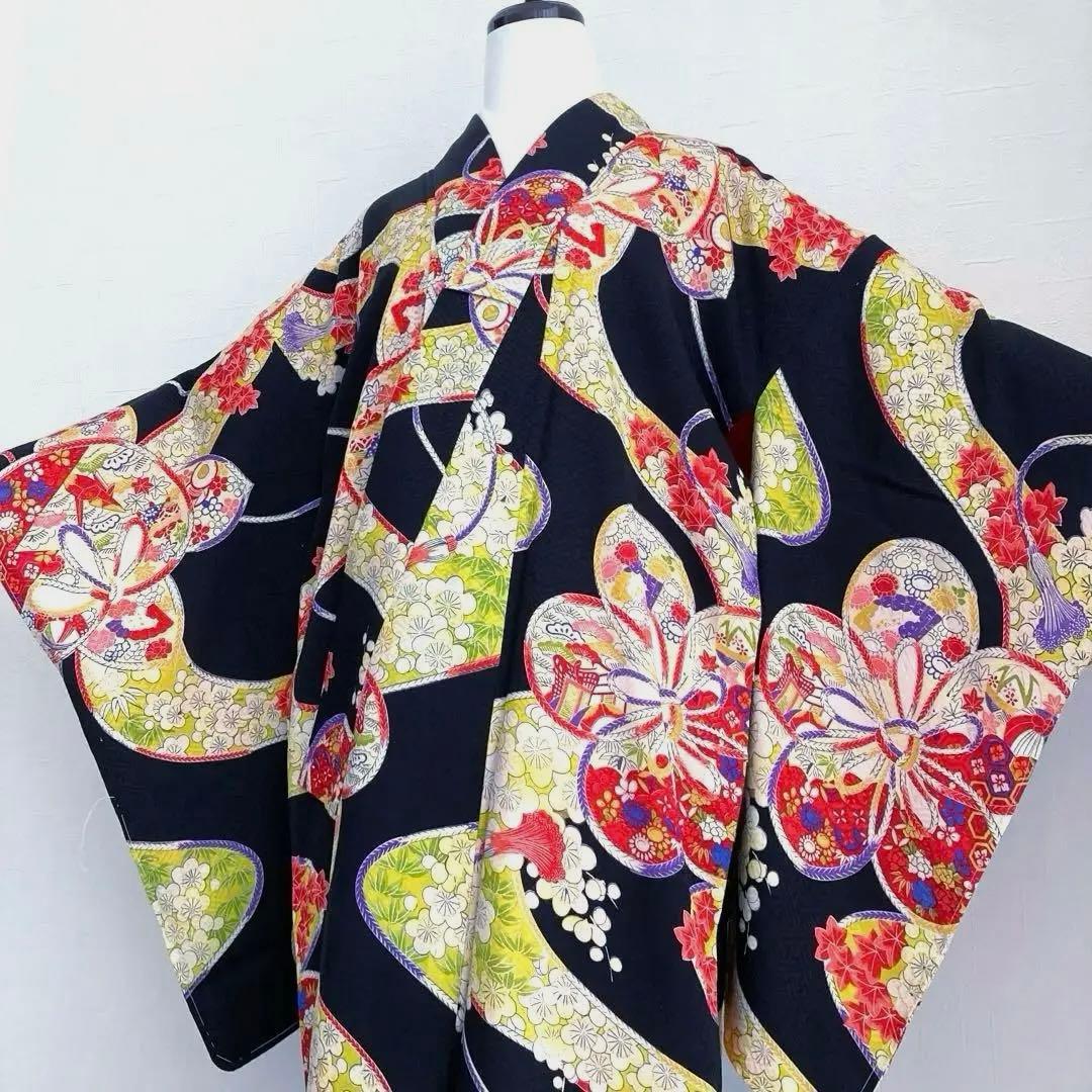 アンティーク着物　子供着物　正絹　黒　花模様　未使用しつけ糸付　No.6-20