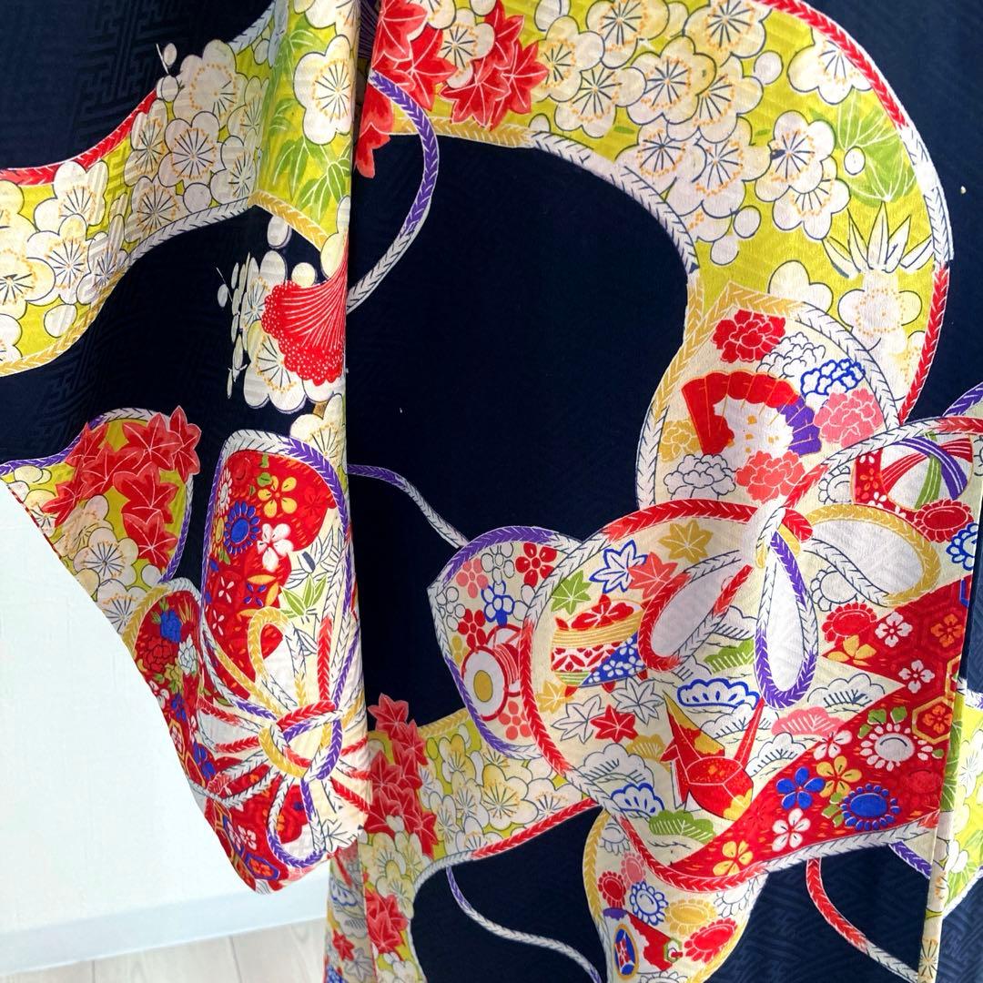 アンティーク着物　子供着物　正絹　黒　花模様　未使用しつけ糸付　No.6-20