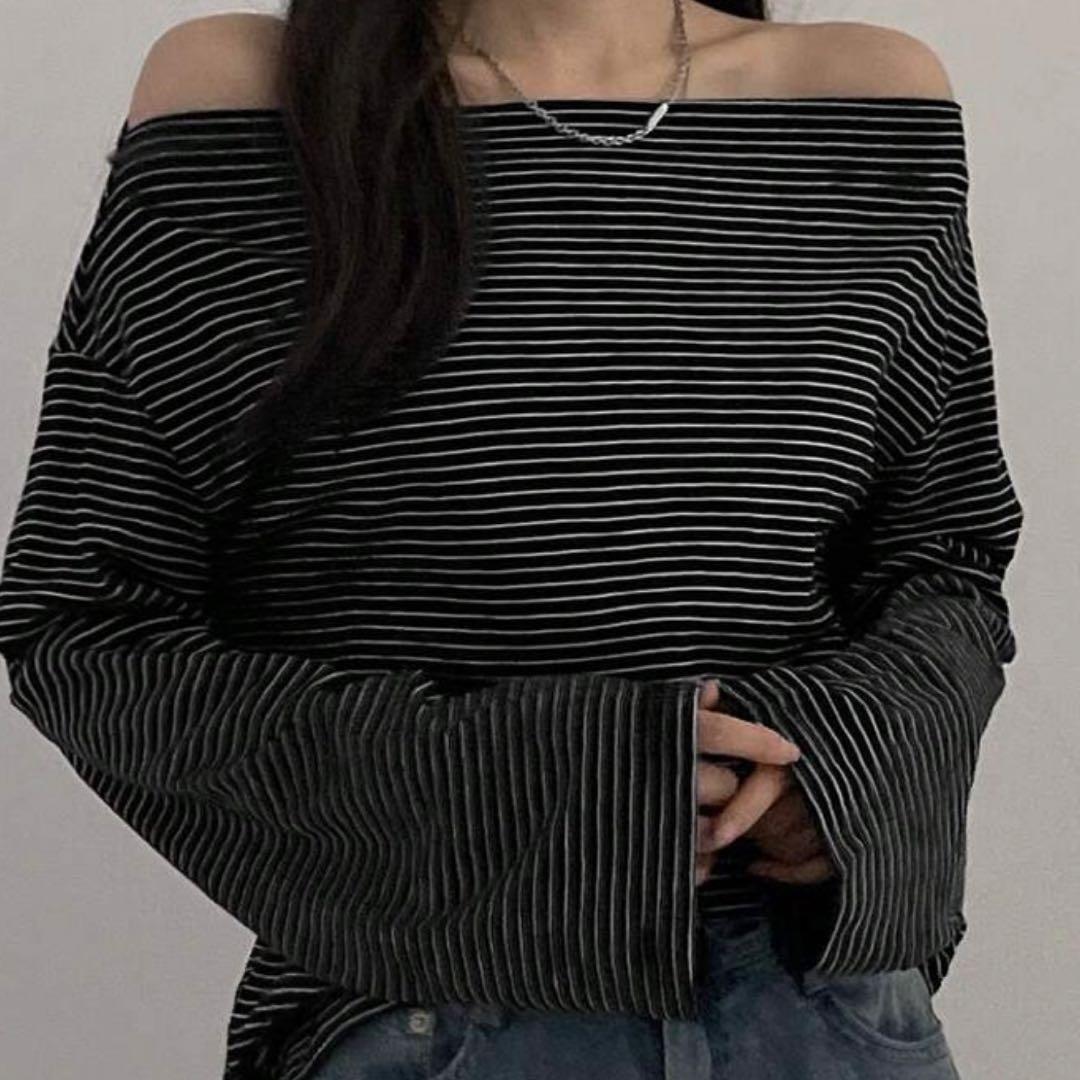 オフショルダー ストライプ 長袖トップス - メルカリ
