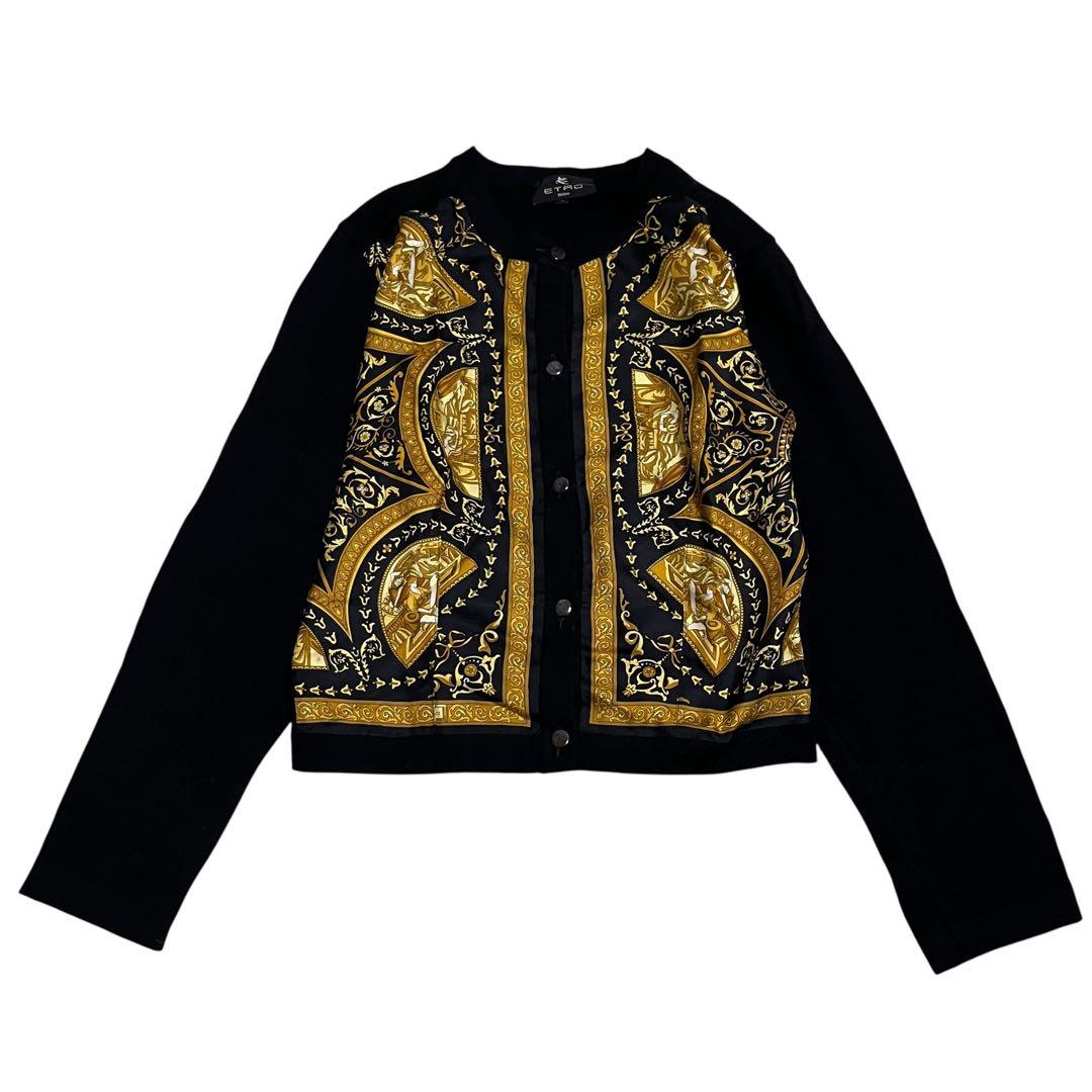ETRO 切替カーディガン ブラック ゴールド シルク ウール スカーフ柄