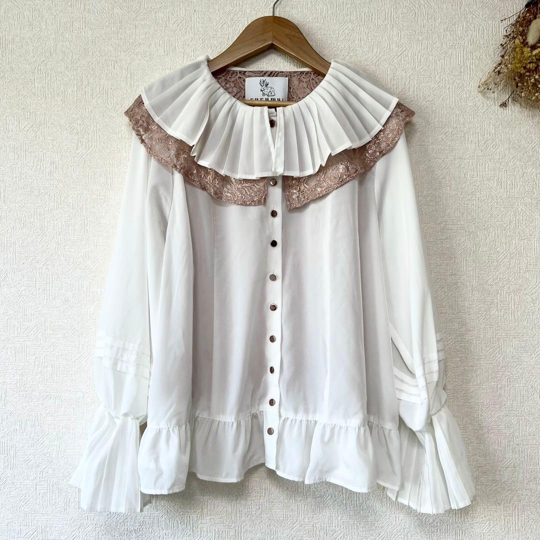 rurumu: プリーツ襟 ブラウス pleats collar BL 箔押 洗える/ストレッチ】プリーツスタンドカラーブラウス 「T1458」