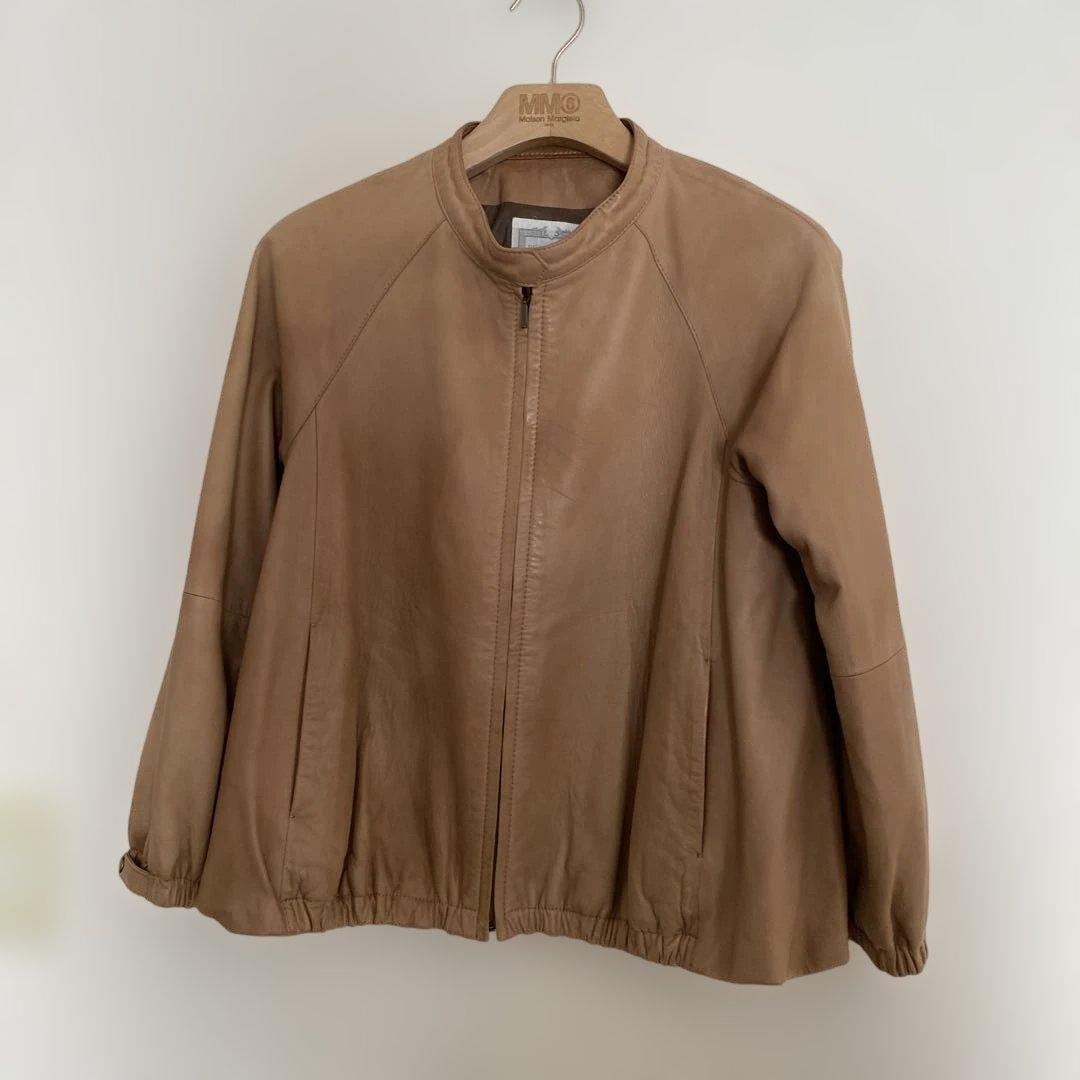 美品　ビアズリー　BEARDSLEY　ラムレザージャケット　ノーカラー　キャメル