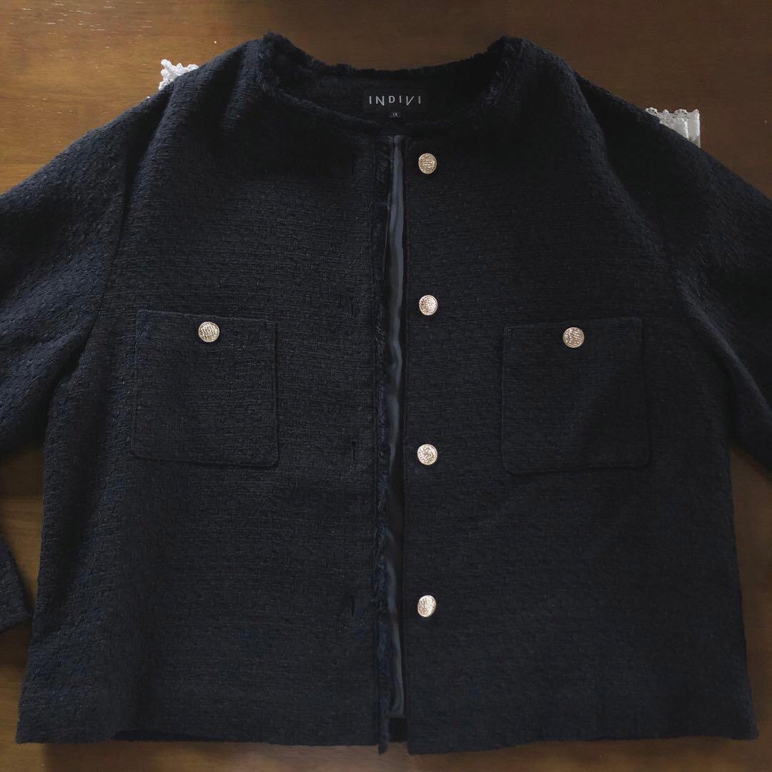 美品　インディヴィ　大きいサイズ　レディース　ノーカラー　ジャケット　黒　3L