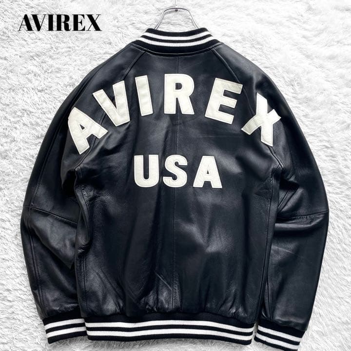 極美品□AVIREX【L】ラムレザー ボンバージャケット アーチロゴ ブラック
