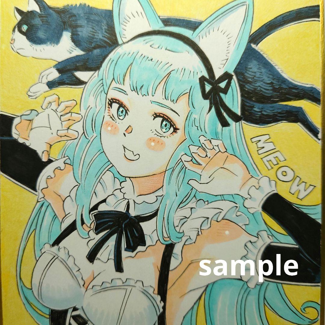 手描きイラスト 045】オリジナル色紙 黒猫 「ハチワレメイドの可愛い