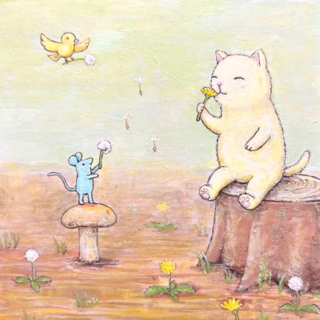 自作絵画 タンポポの季節 猫とネズミと小鳥の絵 - メルカリ