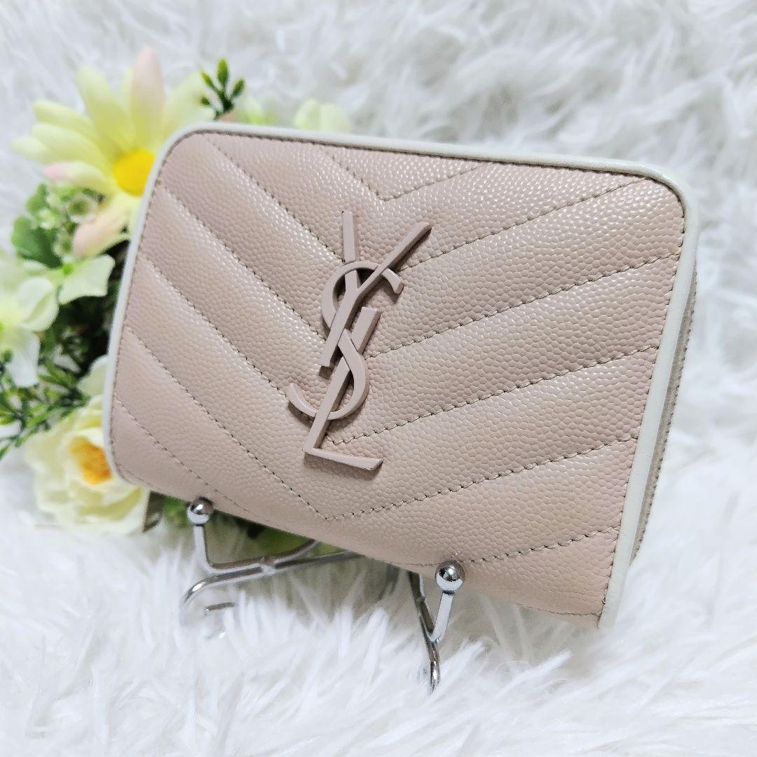 レア美品✨サンローラン◇バイカラー二つ折り財布　Vキルティングカサンドラ白ピンク