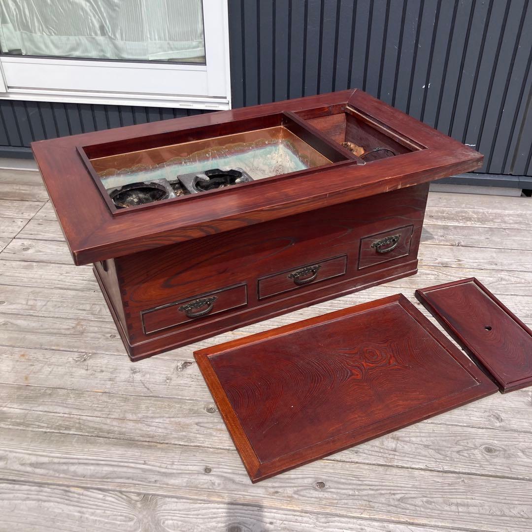昭和レトロ 木製 長火鉢 3杯 引き出し収納付き 火鉢 五徳付き 囲炉裏