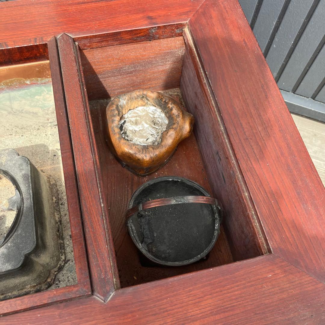 昭和レトロ 木製 長火鉢 3杯 引き出し収納付き 火鉢 五徳付き 囲炉裏