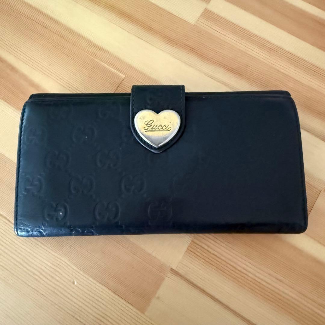 即日発送❣️グッチ 長財布 ラブリーハート シマ レザー 黒 二つ折り