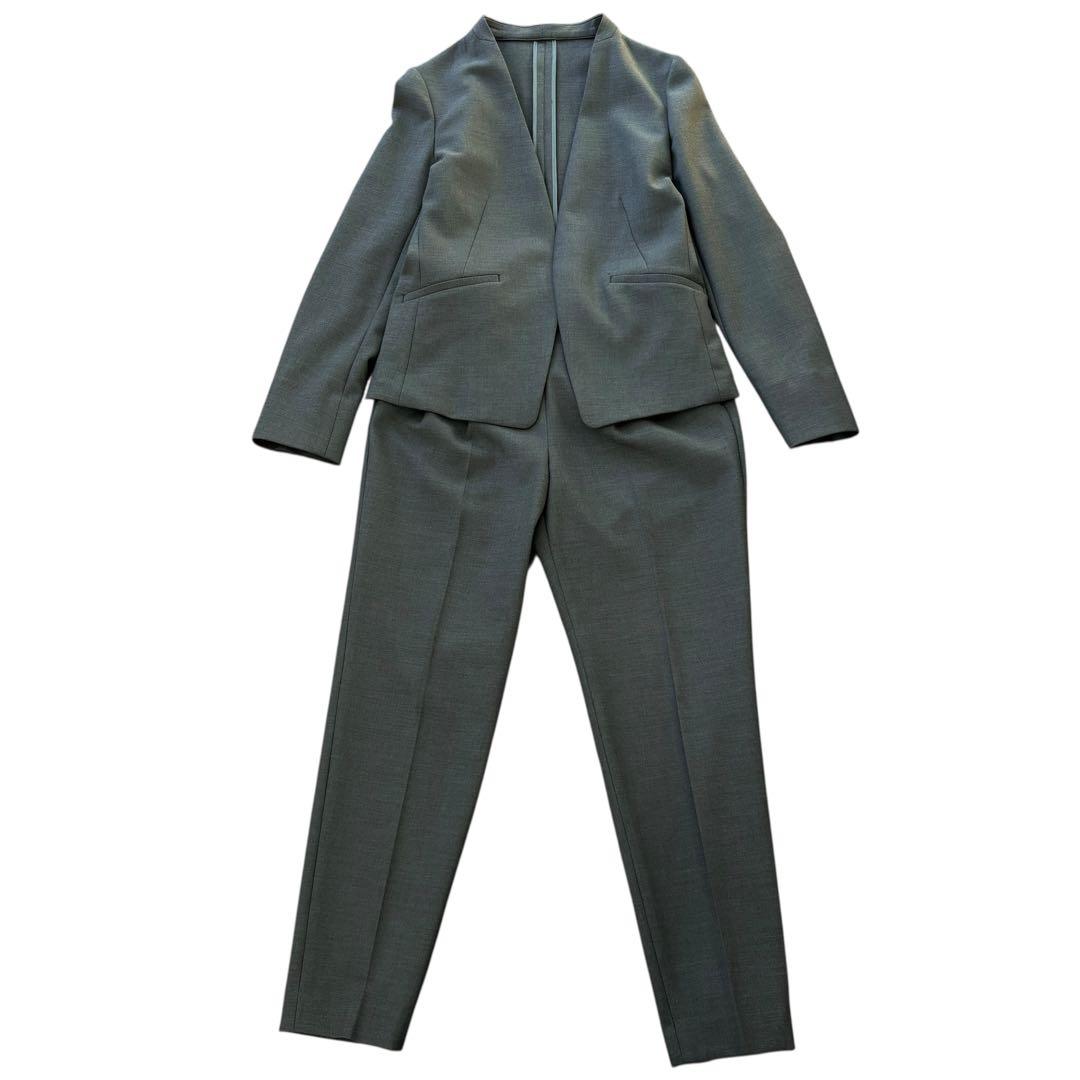 極美品 グリーンレーベル ノーカラー パンツスーツ38 グレー 洗える