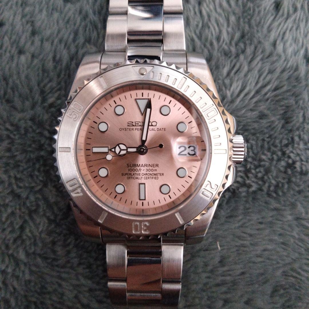 カスタム MOD NH35 自動巻き ピンクダイヤル グライドロック 腕時計