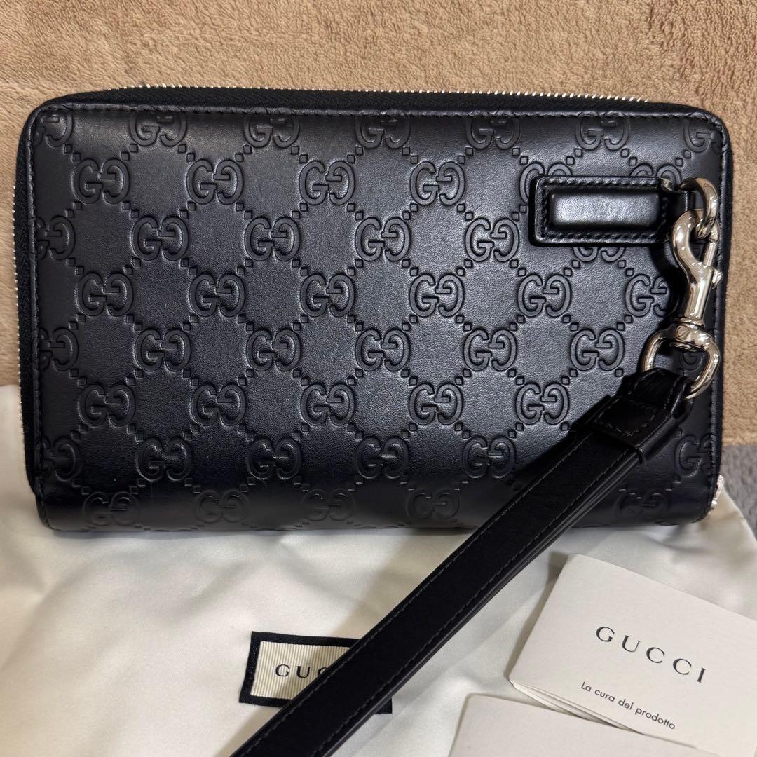 GUCCI ブラックレザー 長財布 GGパターン トラベルポーチ ダブルジップ