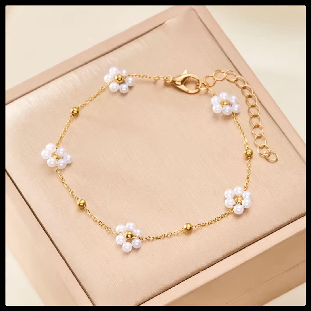 新品】 花モチーフ パール ゴールド ブレスレット - メルカリ