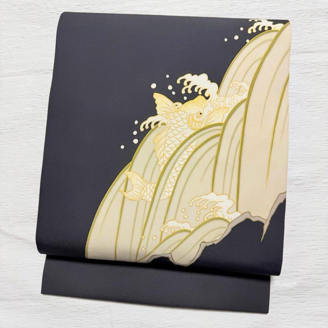 m-89 鯉の滝登り 塩瀬 名古屋帯 正絹 当店限定!! [夏帯] 夏名古屋帯 鯉の滝登り (麻/薄水色) リネン 日本製