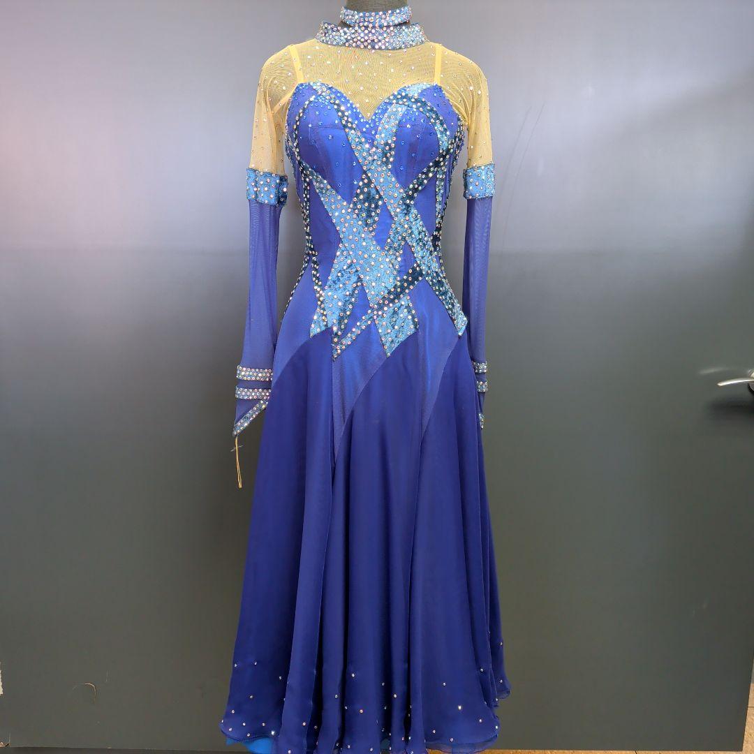社交ダンス用ビーズ装飾スタンダードドレスロイヤルブルーSサイズ