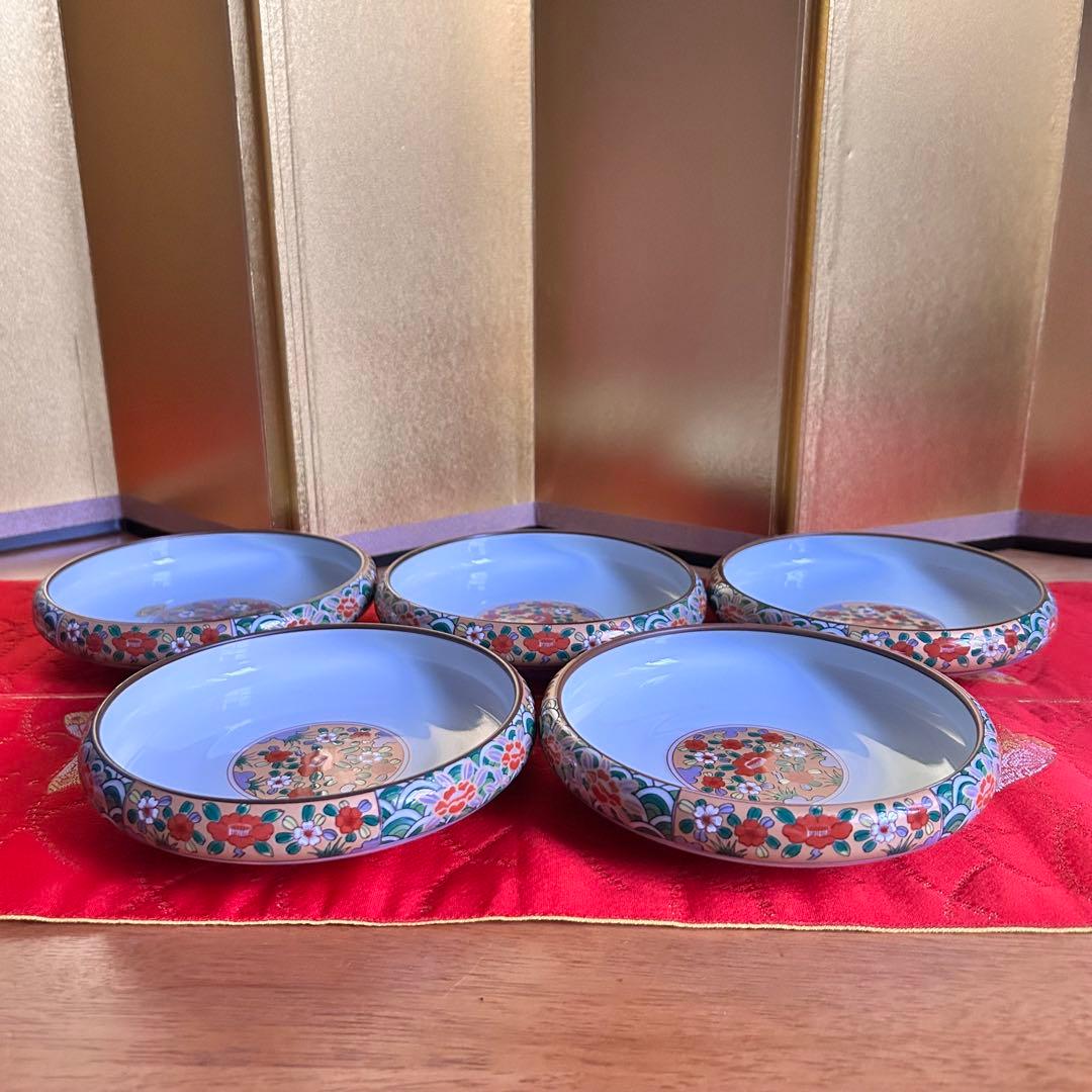 未使用品】有田焼 金彩古伊万里 珠光造 鉄鉢揃 5枚セット 色絵 〜椿