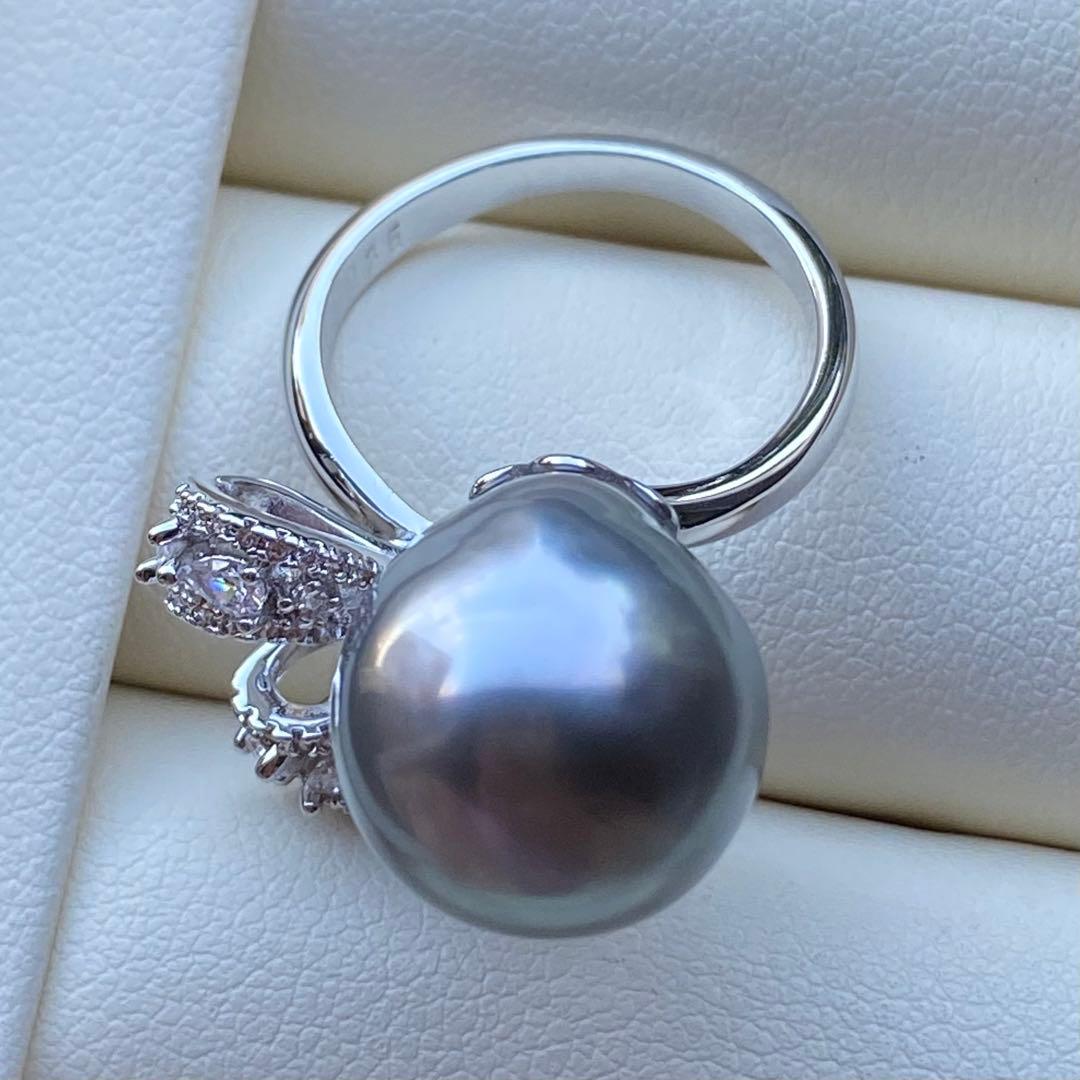 本真珠　南洋黒蝶真珠タヒチパールリング　14*13.5mmグレーグリーンL981