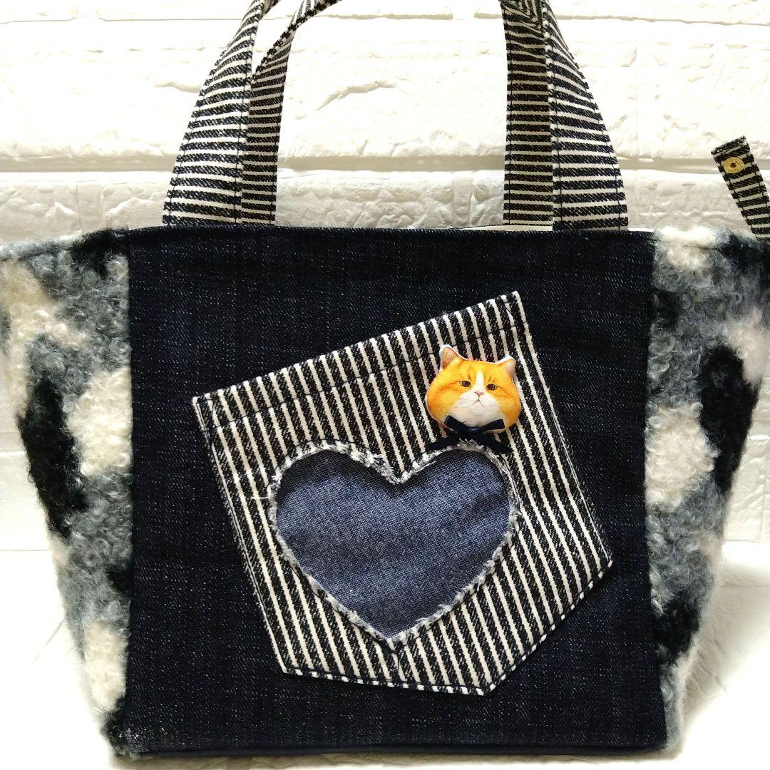 コヤンイサムチョン☆スクエアトートバッグ デニム＆もこもこボア ふて