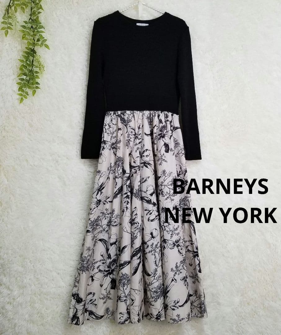 美品】バーニーズニューヨーク ニットドッキングワンピース 花柄 黒