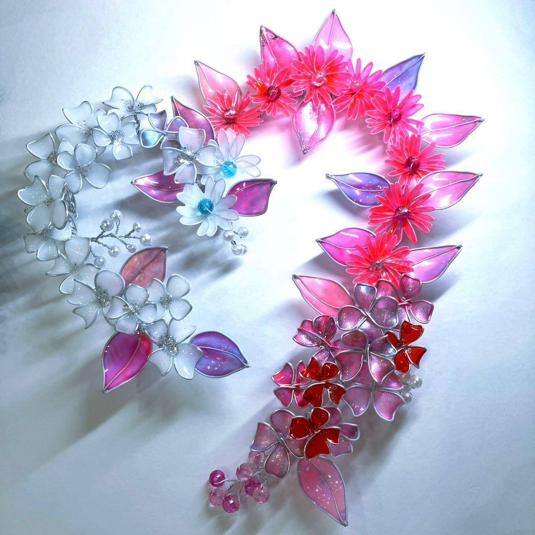 フラワーリース　ワイヤークラフト　ディップアート　青ボタニカルリース　アート